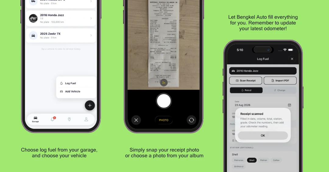 Three steps: choose Log Fuel from your garage and pick the vehicle, photograph the pump receipt, and the litres, price and total are filled in for you.