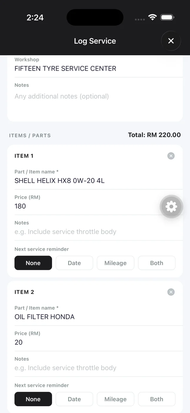 The log form filled in automatically: workshop Fifteen Tyre Service Center, total RM 220.00, Shell Helix HX8 0W-20 4L at 180 and Oil Filter Honda at 20