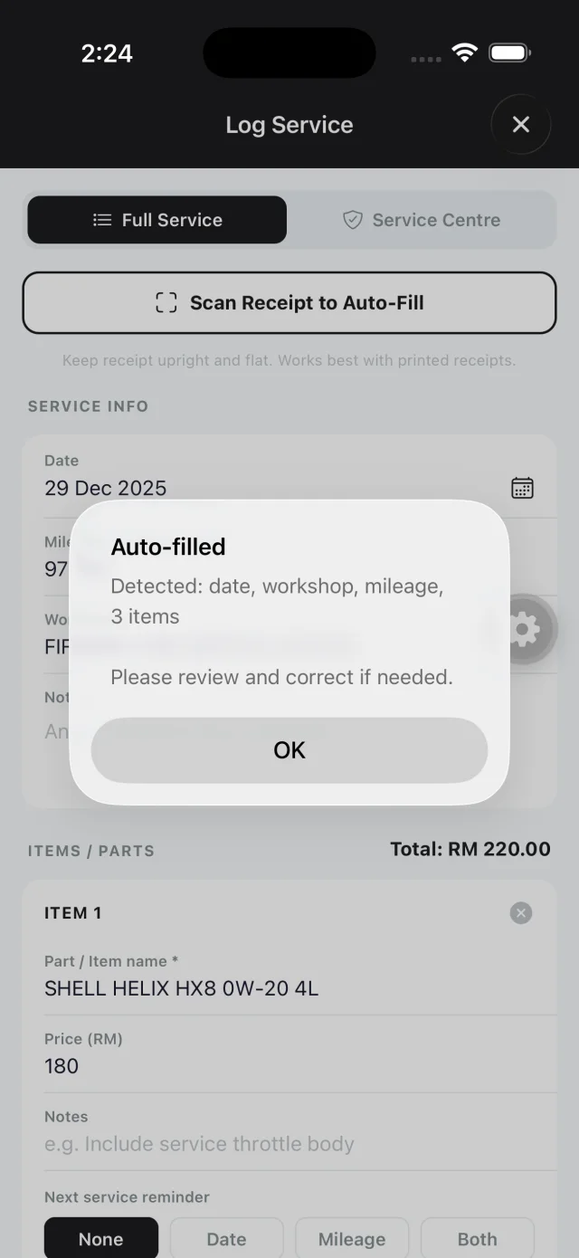 A dialog reading: Auto-filled. Detected date, workshop, mileage and 3 items. Please review and correct if needed.