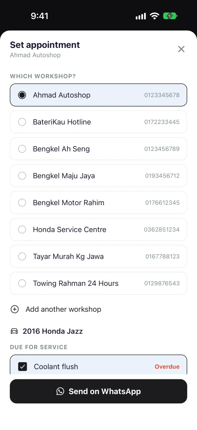 Set appointment for a 2016 Honda Jazz: pick a workshop from the saved list, with the overdue coolant flush already ticked, then Send on WhatsApp.