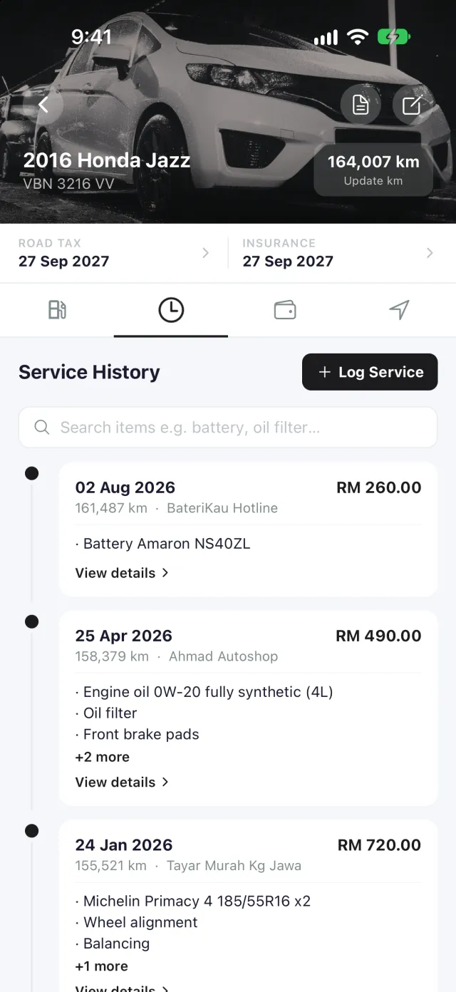 Service history for a 2016 Honda Jazz: a searchable timeline of visits with date, mileage, workshop, the items done and the cost.