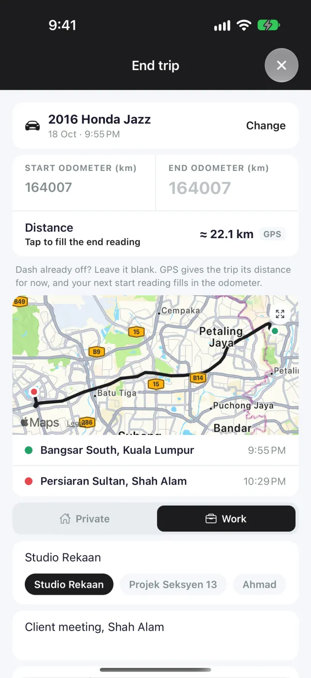 Ending a work trip: a 22.1 km GPS distance, the route from Bangsar South to Shah Alam on a map, and the trip tagged Work for Studio Rekaan.