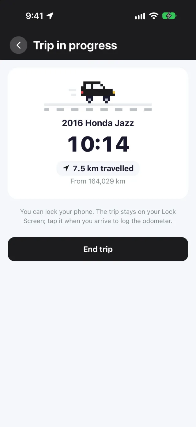 A trip in progress in a 2016 Honda Jazz: 10 minutes in, 7.5 km travelled from 164,029 km, with an End trip button.