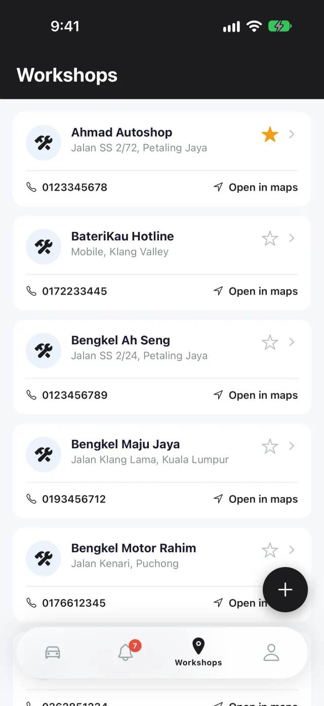 Workshops listing saved mechanics: Ahmad Autoshop starred as a favourite, BateriKau Hotline, Bengkel Ah Seng, Bengkel Maju Jaya and Bengkel Motor Rahim, each with a phone number and Open in maps.