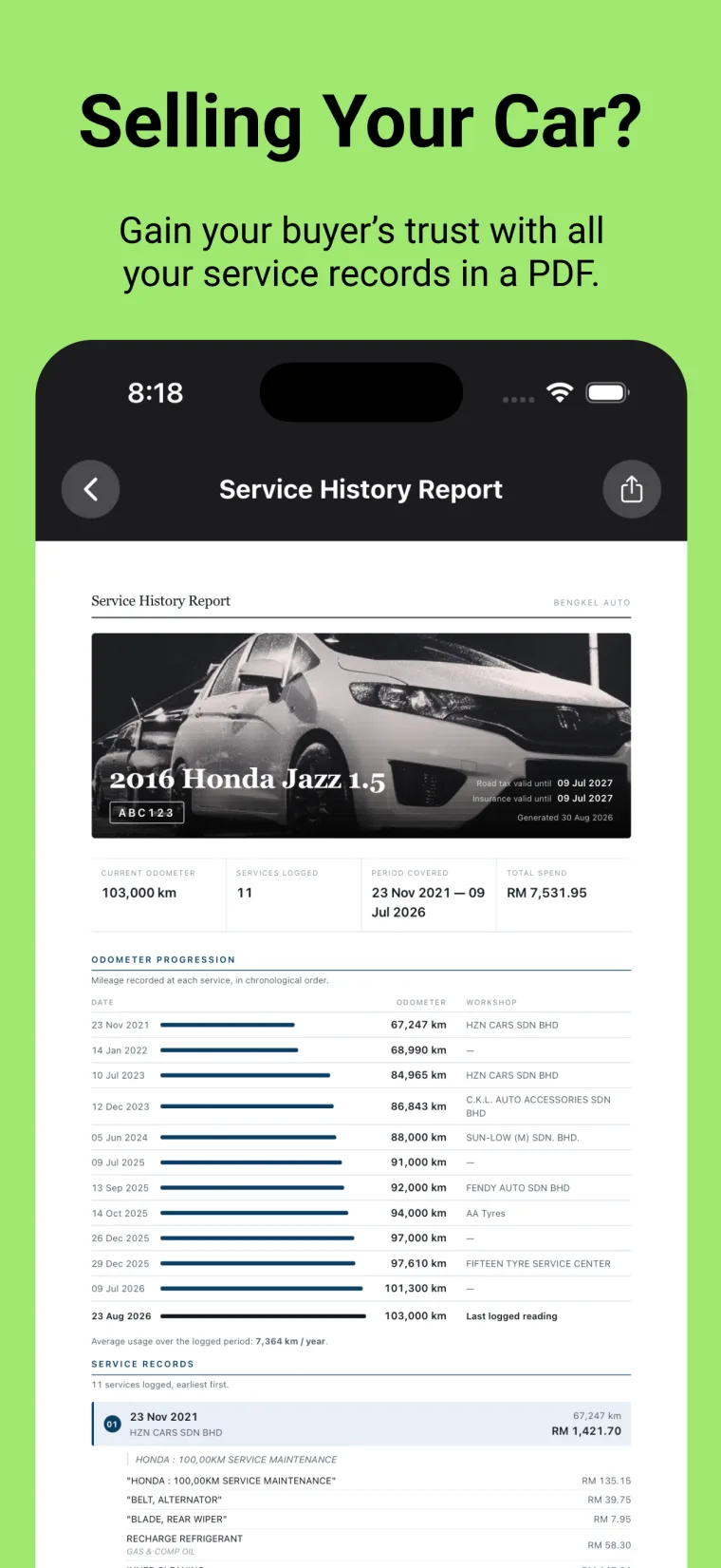 Selling your car — gain your buyer's trust with all your service records in a PDF