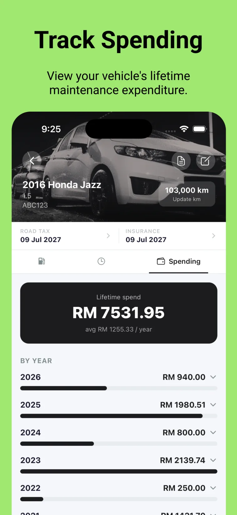 Track Spending — view your vehicle's lifetime maintenance expenditure