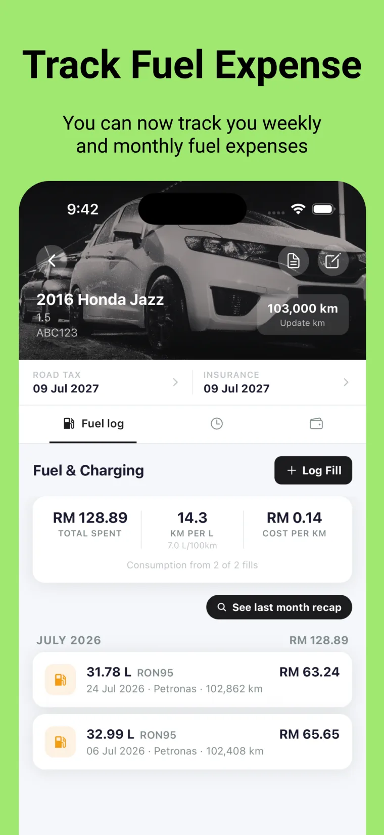 Track Fuel Expense — follow your weekly and monthly fuel and charging costs