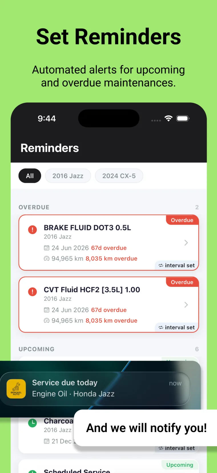 Set Reminders — automated alerts for upcoming and overdue maintenance